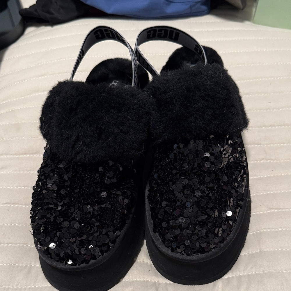 UGG Black Sequin Slippers with Fur Trim size 40 EU or 9 US